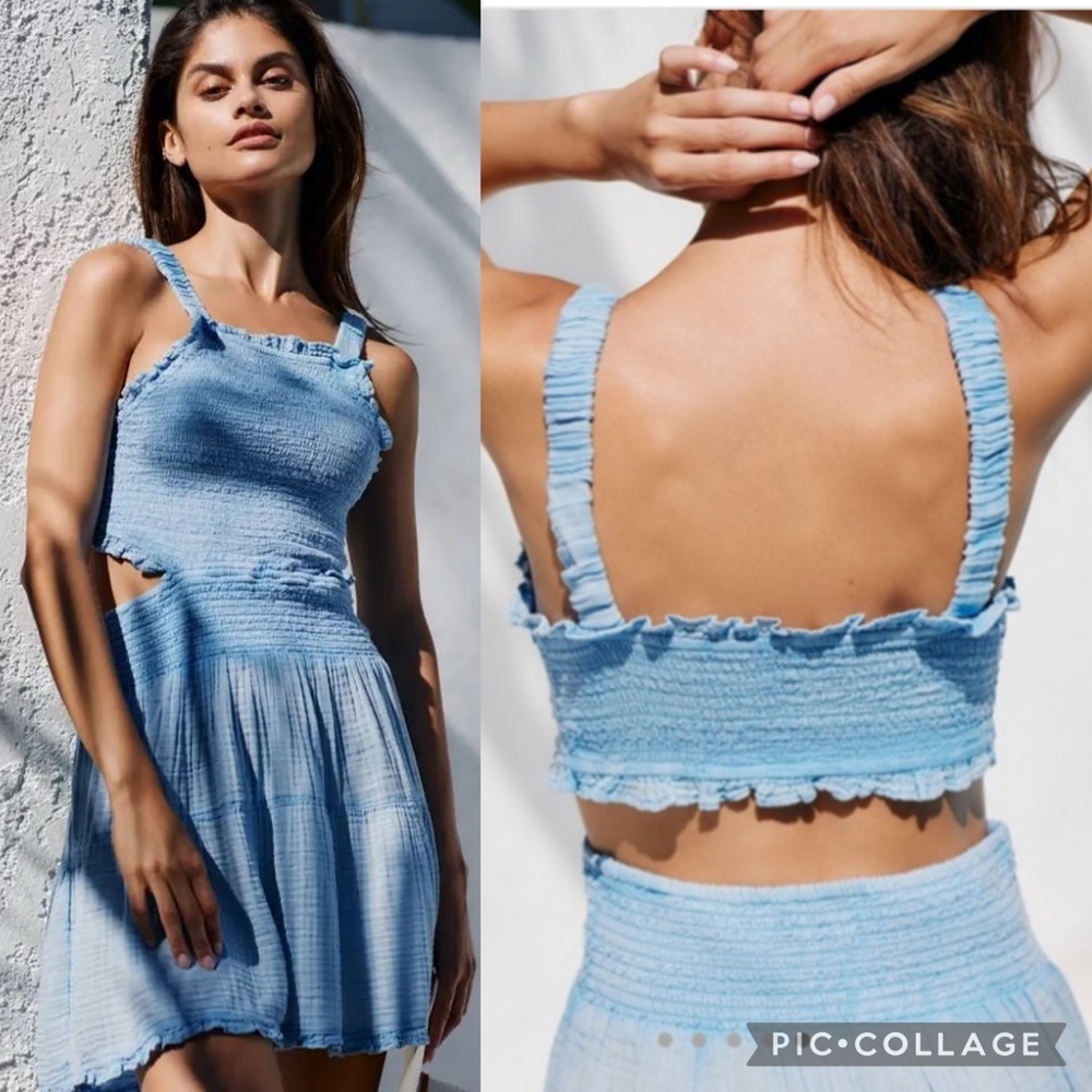 NWT Anthropologie Smocked Drama Cutout Mini Dress Boho Sundress Flowy Blue XL